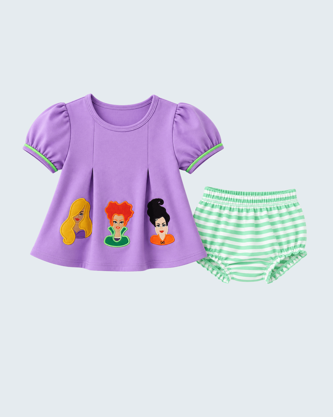 Purple witch applique top with green striped bloomers, short sleeves and ruffled hem