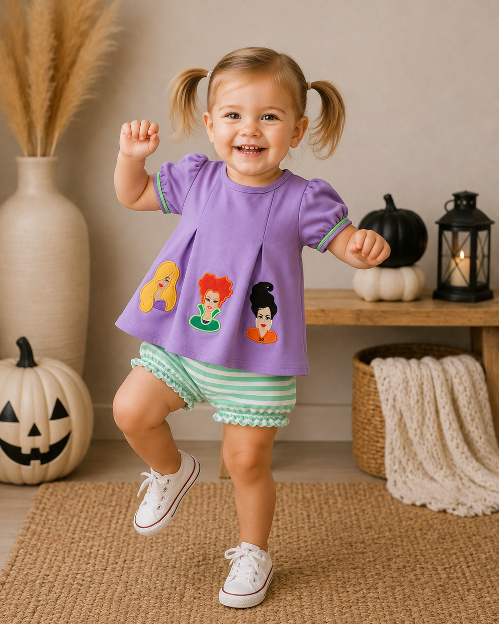 Toddler wearing purple witch applique tunic and green striped bloomers with white sneakers