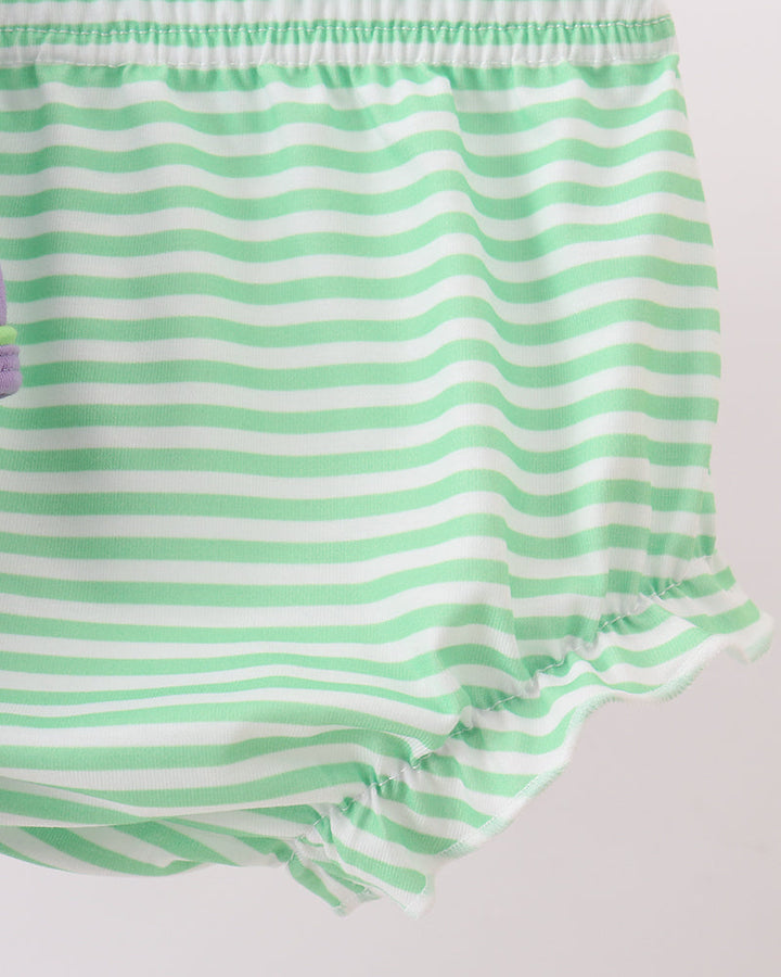 Green-and-white striped bloomers with gathered waist and ruffled leg openings