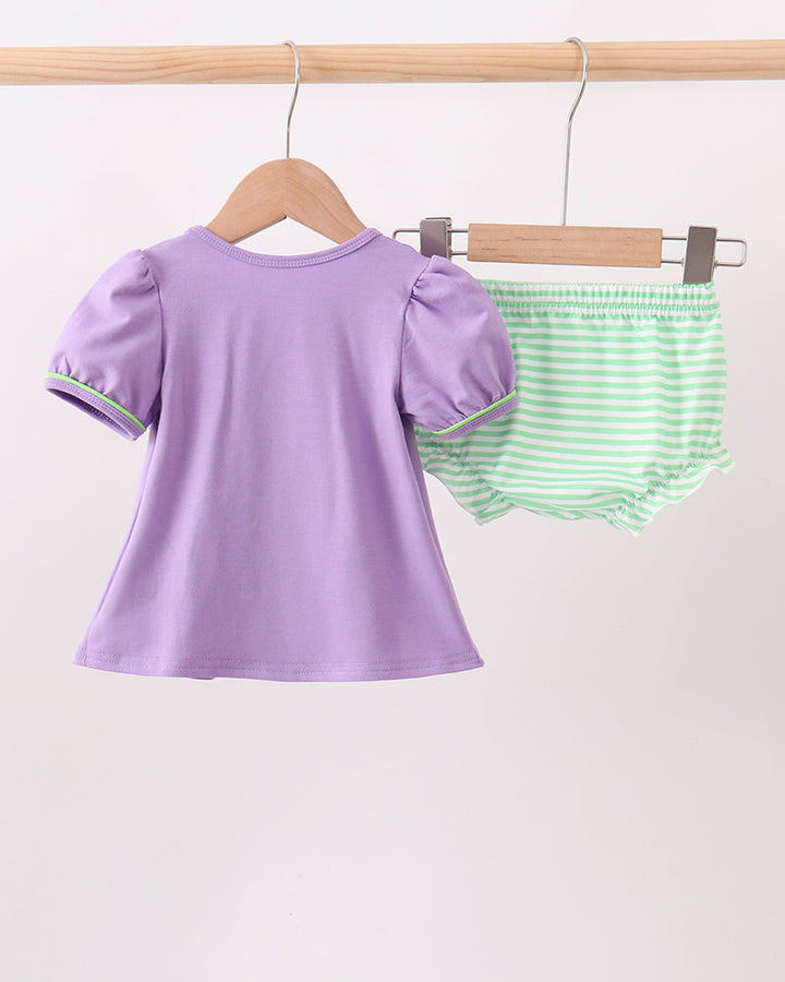 Purple short-sleeve bloomer set top with green-trim and matching green striped bloomers