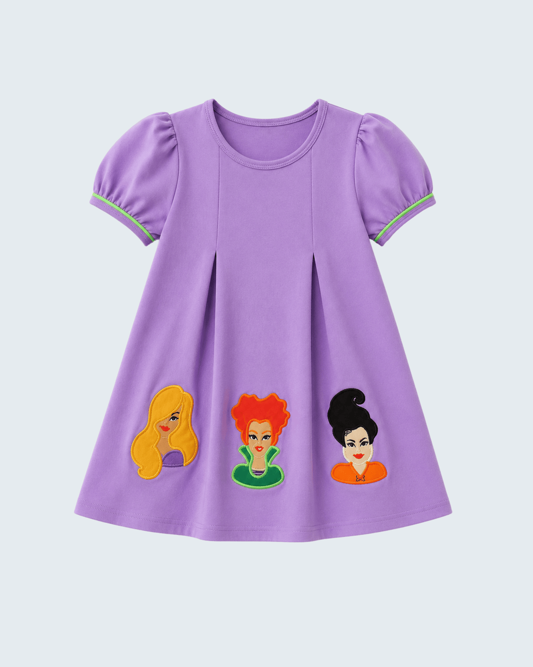 Purple witch appliqué dress with puff sleeves and three character patches