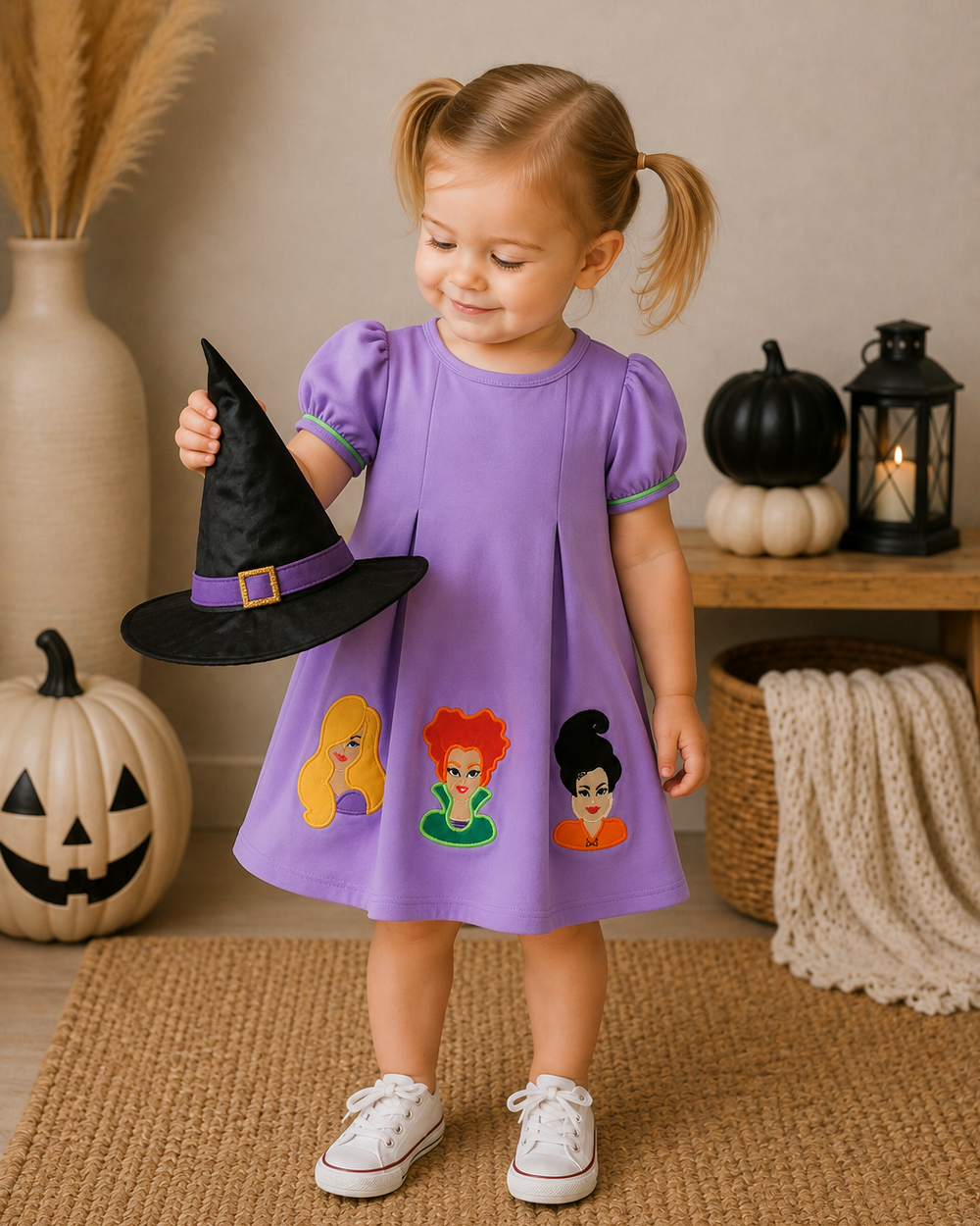 Purple dress with witch hat appliqué and three character patches