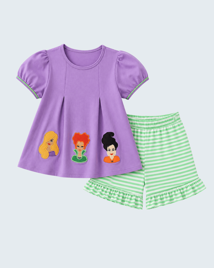 Purple short-sleeve top with witch appliqués and green striped shorts