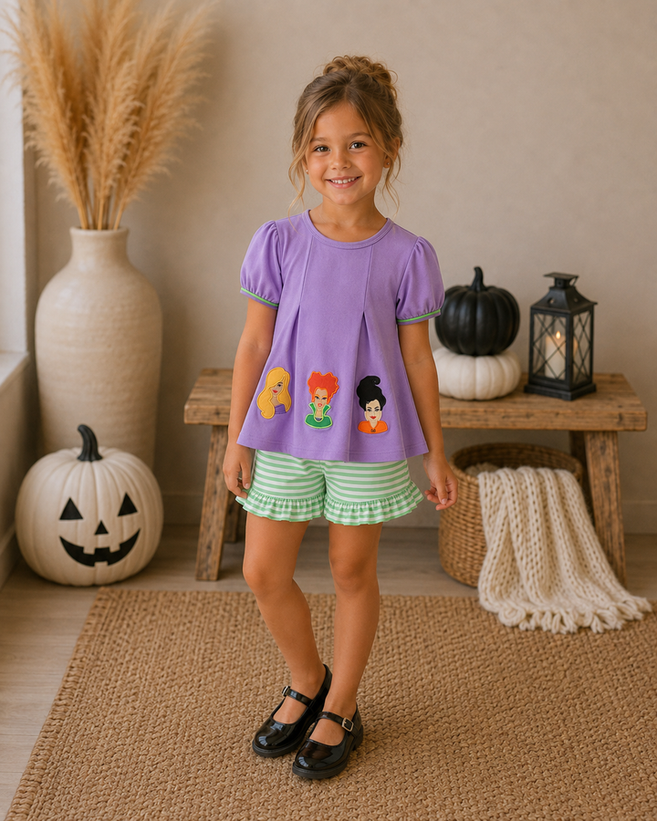 Purple witch appliqué shorts set with short-sleeve top and green striped shorts