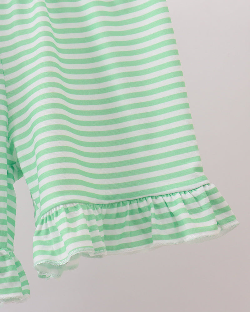Green-and-white striped ruffle shorts with gathered hem
