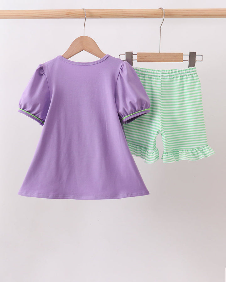 Purple puff-sleeve top with green striped ruffled shorts set