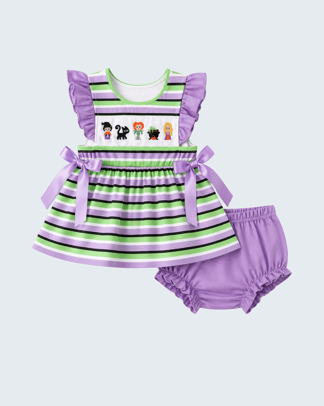 Striped ruffle dress with witch embroidery and matching lavender bloomers, bows