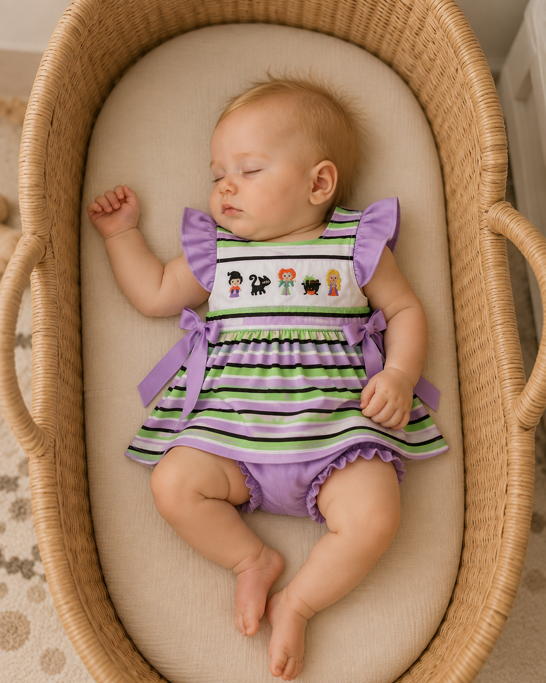 Baby wearing striped ruffle bloomer set with witch embroidery bodice and lavender bloomers