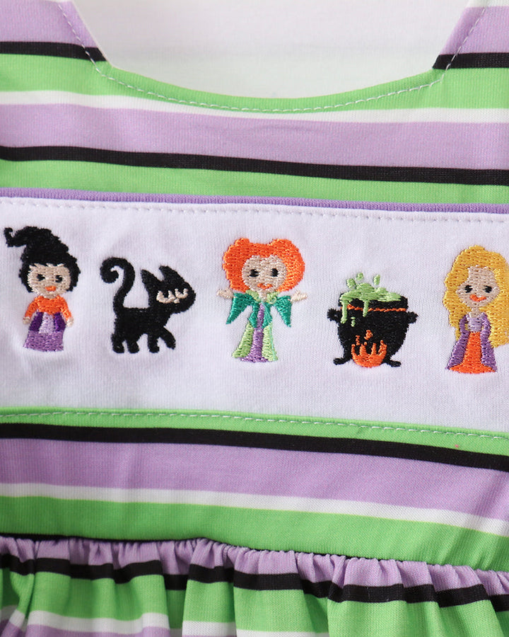 Striped ruffle bloomer set top with witch-themed embroidery and purple/green/black stripes