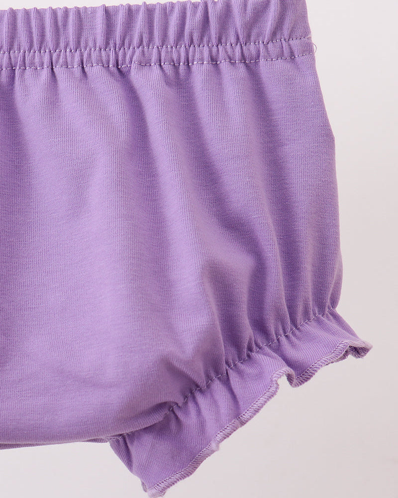 Lavender ruffled bloomer bottoms with elastic waistband and gathered leg cuffs