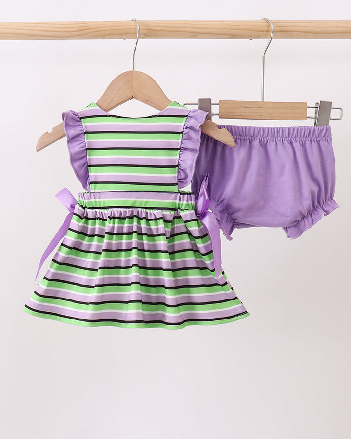 Girls striped ruffle dress and matching lavender bloomers set on hanger, bow ties