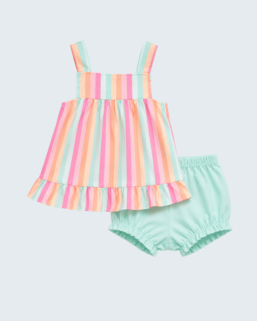 A baby girl's two-piece outfit set featuring a pastel rainbow striped ruffle dress and mint green bubble shorts, displayed on a light gray background.