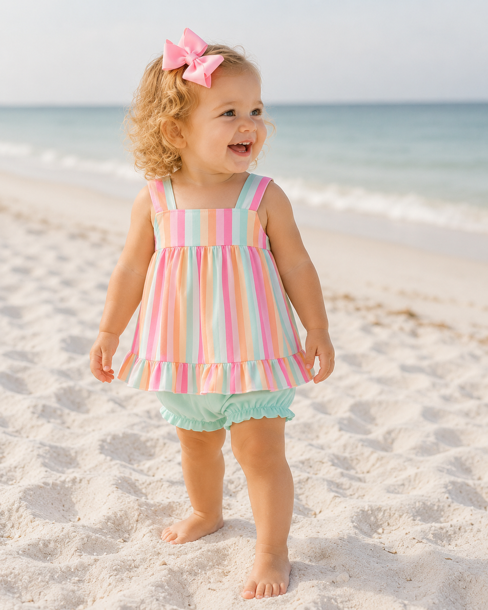 Toddler girl standing on a sandy beach