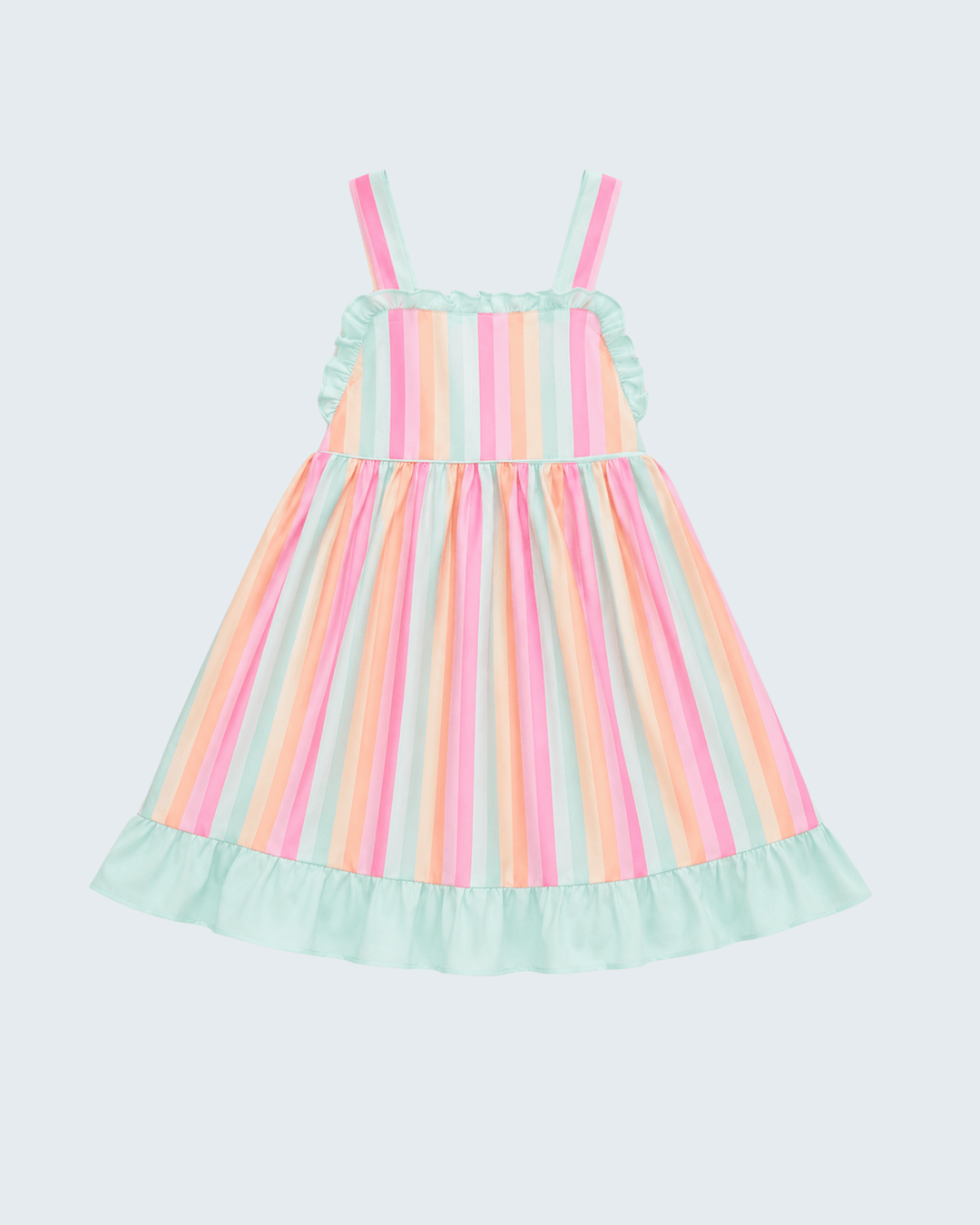 A pastel striped babydoll dress for toddlers, featuring vertical stripes of pink, orange, yellow, and mint green, with a light mint green ruffled trim on the bodice and straps, and a matching ruffled hem.