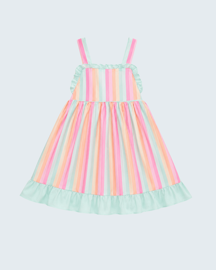 A pastel striped babydoll dress for toddlers, featuring vertical stripes of pink, orange, yellow, and mint green, with a light mint green ruffled trim on the bodice and straps, and a matching ruffled hem.