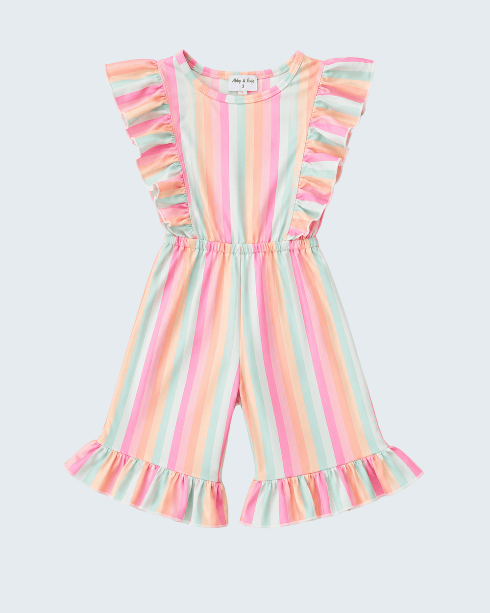 Rainbow-striped romper with flutter sleeves, smocked waist, and layered ruffle hems
