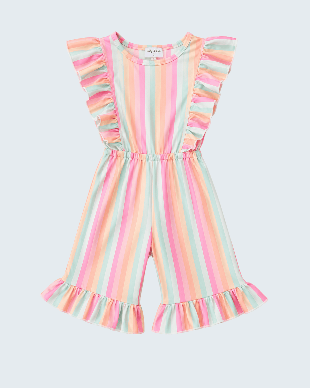 A children's sleeveless jumpsuit with vertical pastel stripes in pink, yellow, green, and orange, featuring ruffled shoulder straps and ruffled hems, shown against a light gray background.