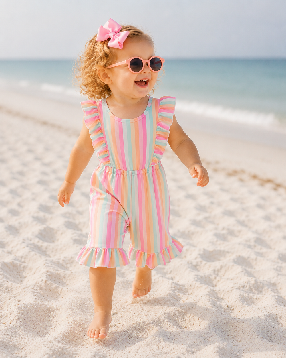 A toddler girl walking barefoot on a sandy beach wearing a pastel rainbow striped romper, pink bow headband, and round sunglasses.