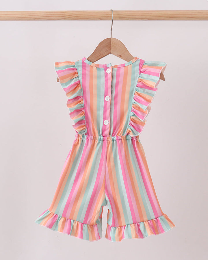 Colorful striped romper on a hanger against a plain background