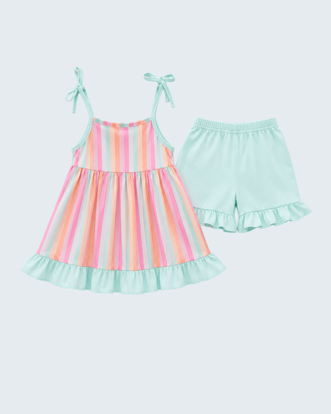 A two-piece toddler girl's outfit set featuring a sleeveless ruffled dress with pastel vertical stripes in pink, orange, yellow, and blue, paired with mint green ruffled shorts.