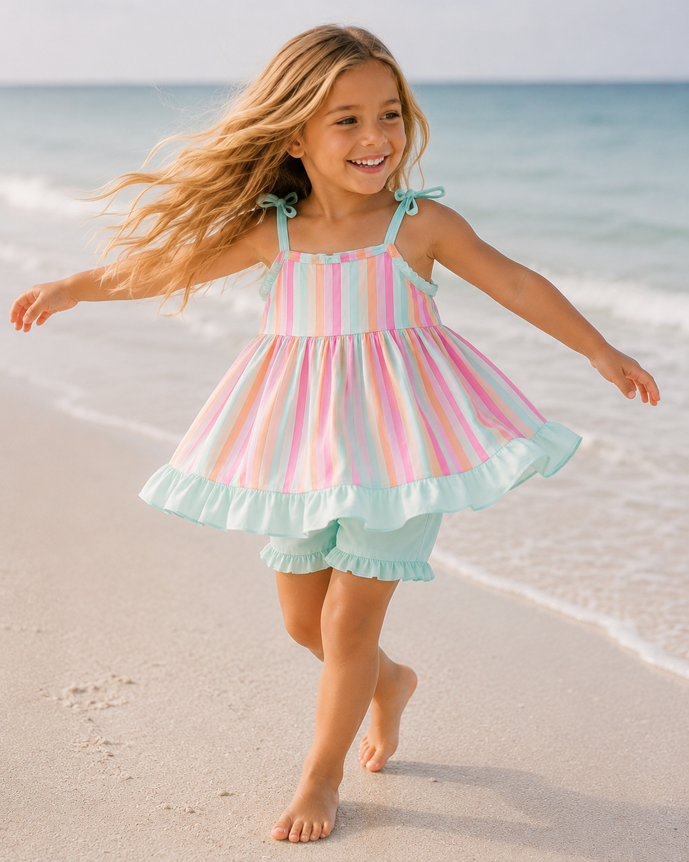A young girl with long blonde hair runs and smiles on a sandy beach wearing a pastel striped summer romper with mint green ruffle trim.