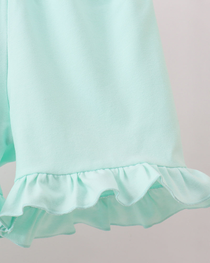 Close-up of a light blue shorts with ruffled hem on a plain background