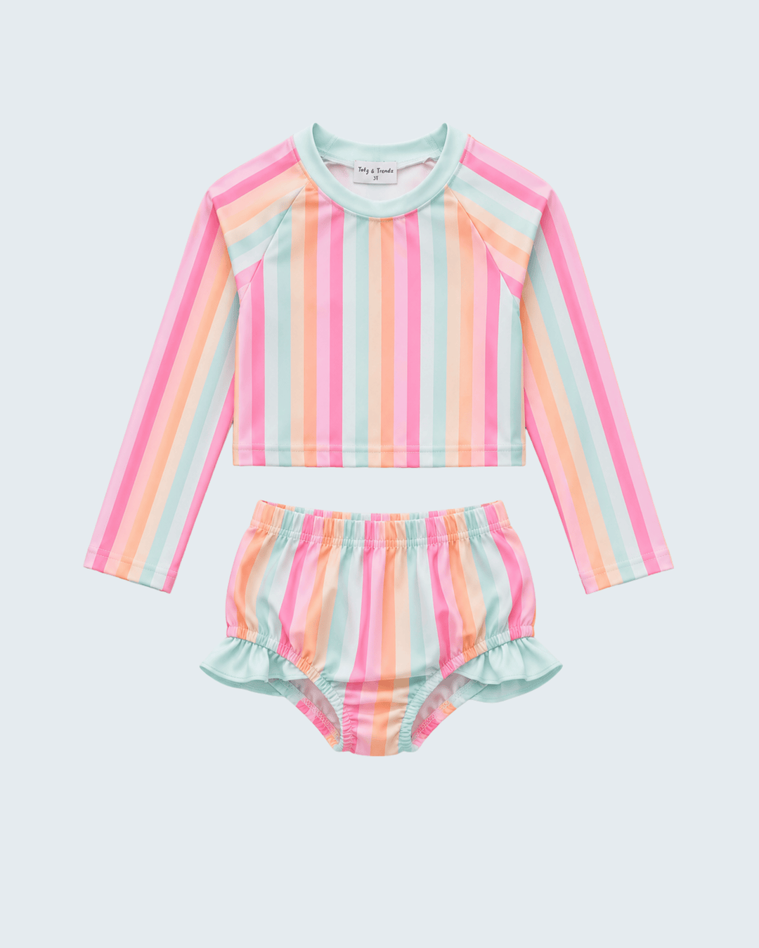 A two-piece baby swim set featuring a long-sleeve rash guard and matching ruffled bloomers, both decorated with pastel vertical stripes in pink, orange, yellow, green, and blue on a light gray background.