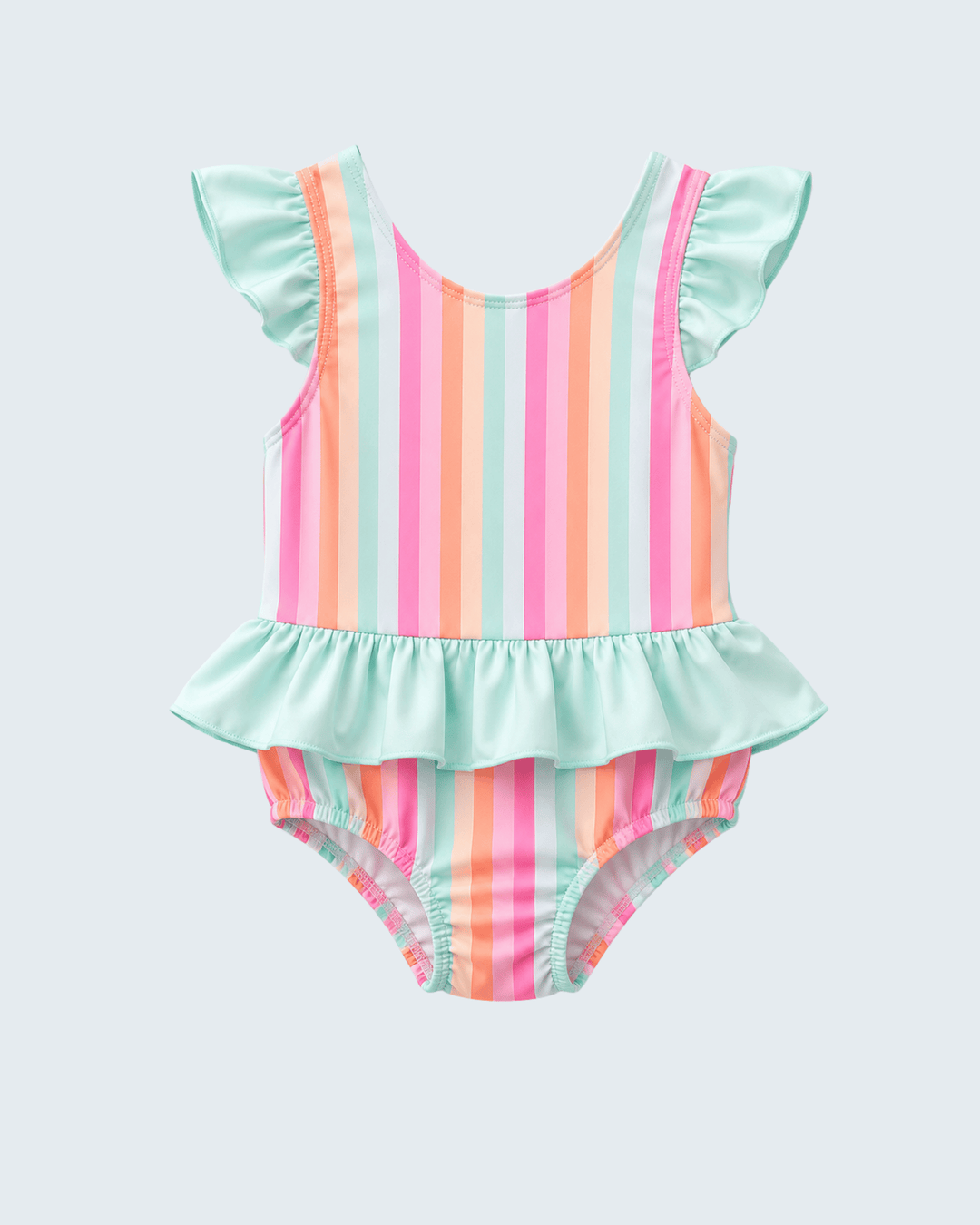 A toddler girl's two-piece swimsuit with a pastel vertical stripe pattern in mint green, pink, orange, and white. The top features ruffled cap sleeves and a ruffled peplum hem, paired with matching striped bloomers.