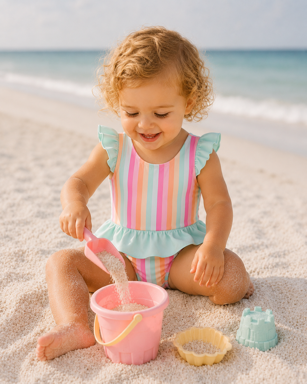 Toddler girl is playing in the sand on the beach