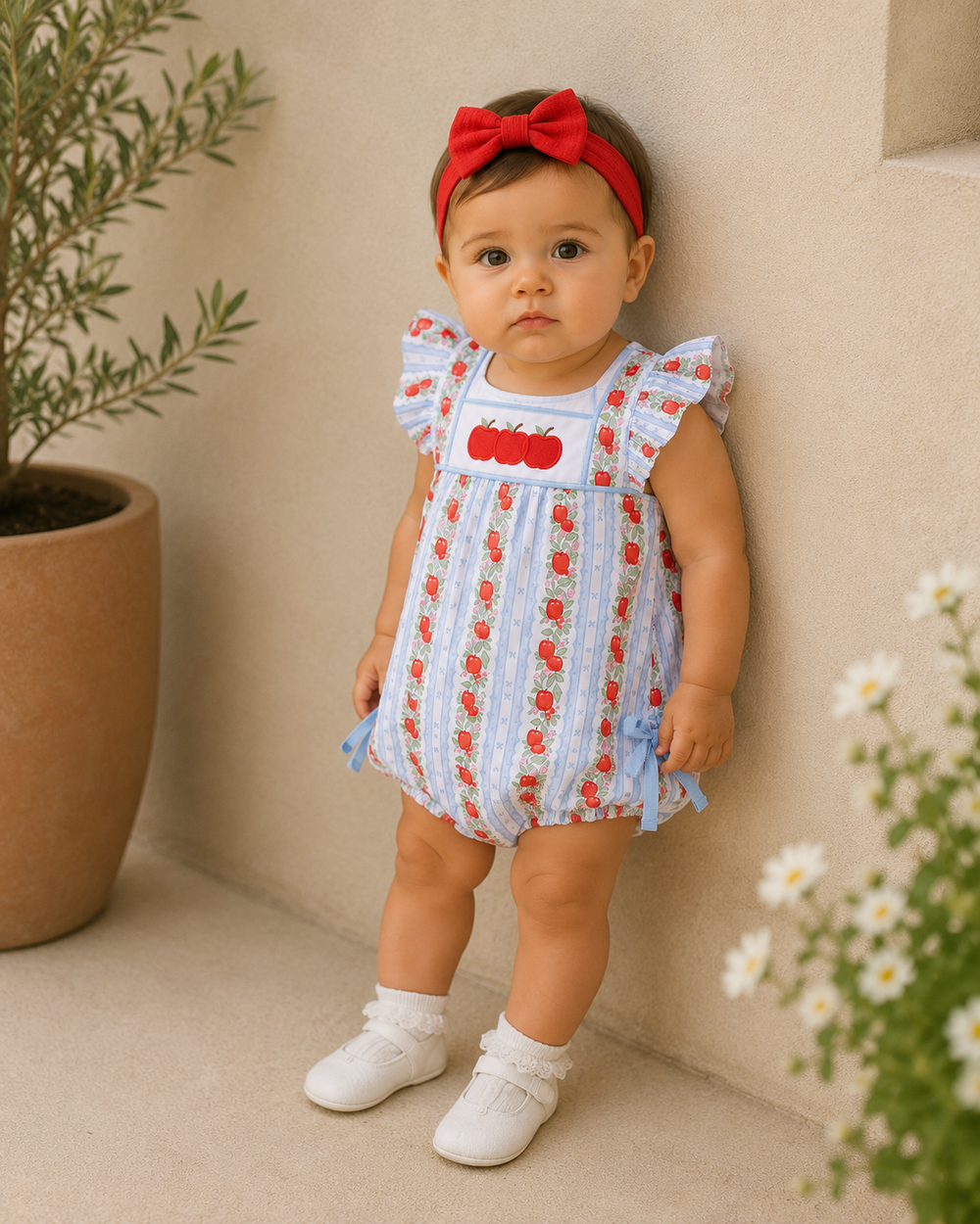 Baby wearing a apple-patterned romper with a red bow headband, standing against a beige wall.