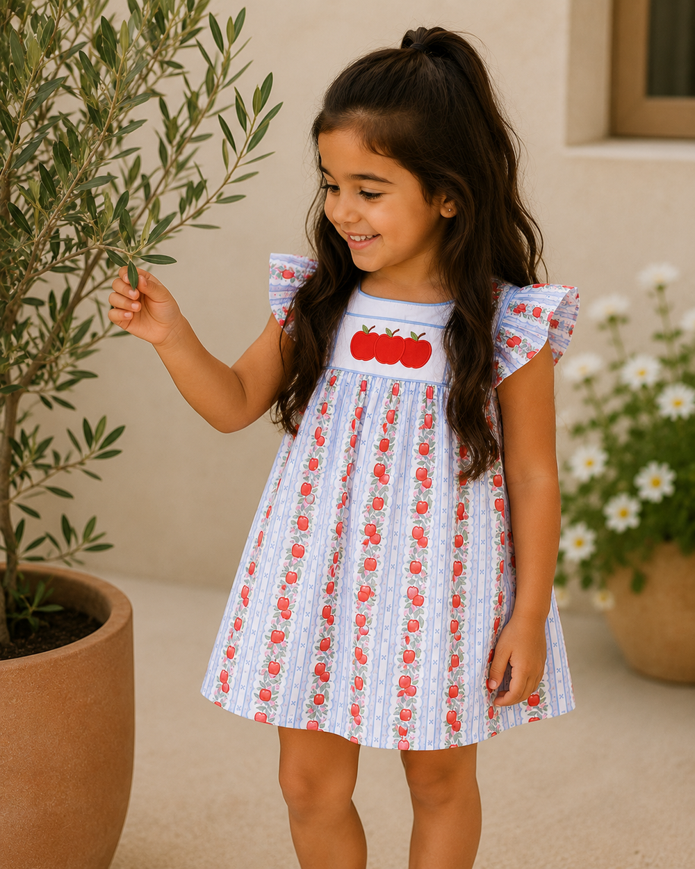 Young girl wearing a dress with red apple pattern outdoors