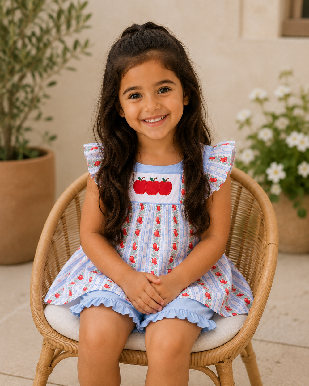 Young girl in a blue dress with red apple pattern sitting on a wicker chair outdoors.