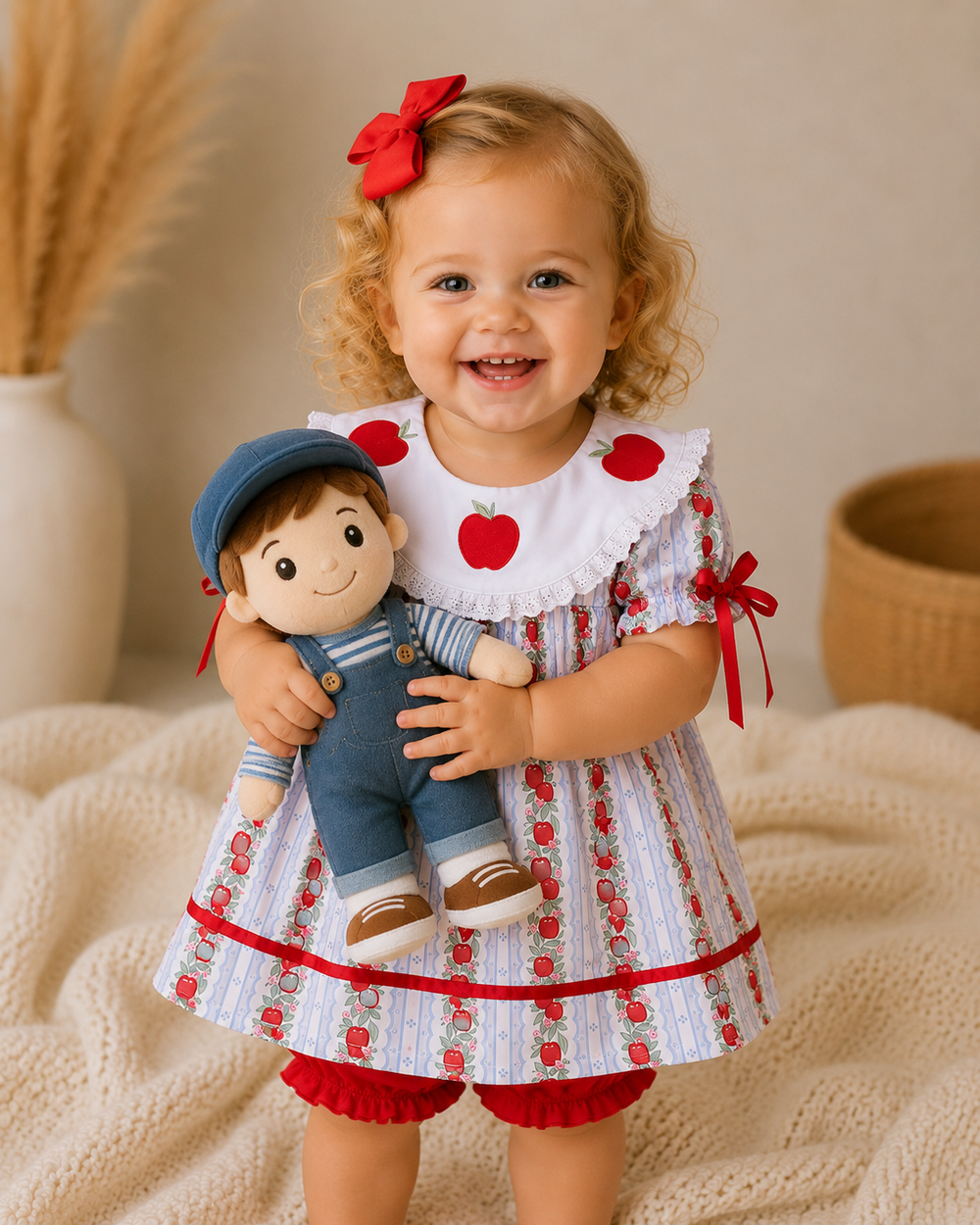 Child wearing a dress with red accents holding a doll, standing on a textured surface.