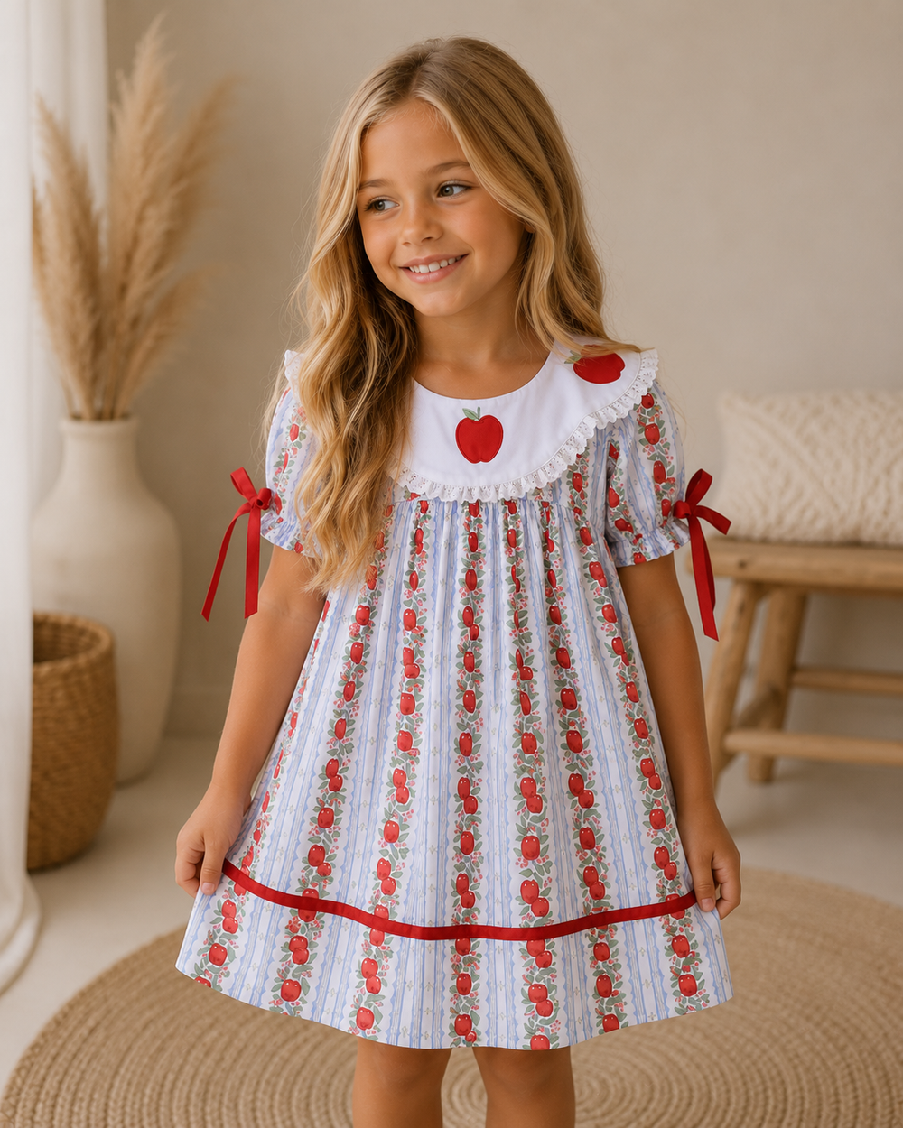 Young girl wearing a dress with red apple pattern indoors