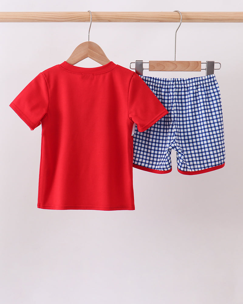 Red Apple Embroidered Gingham Shorts Set on wooden hanger