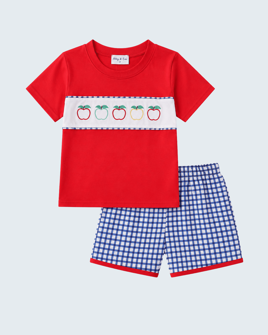 Red Apple Embroidered Gingham Shorts Set on light grey background