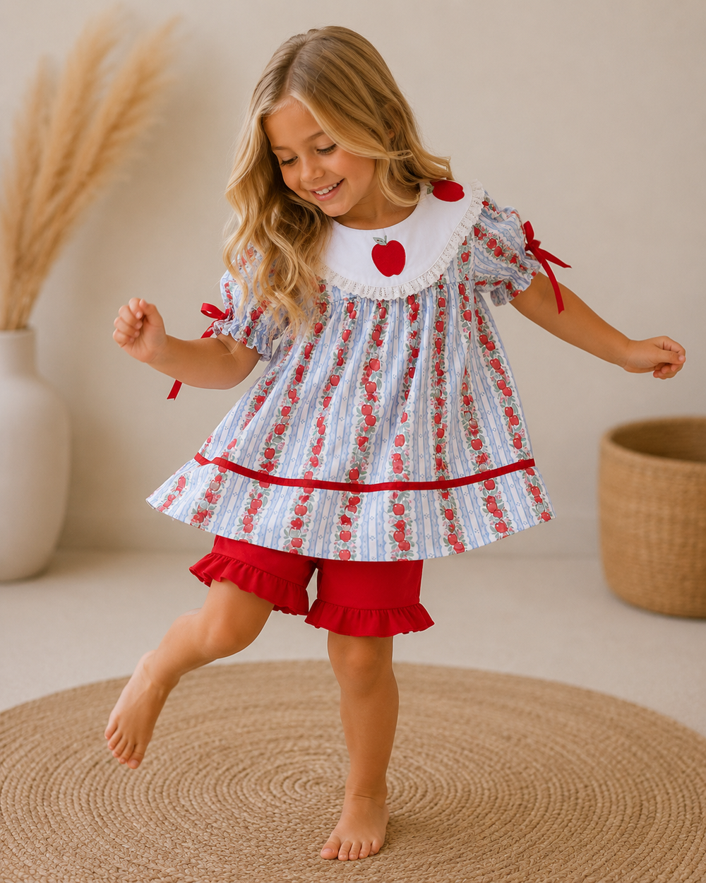 Young girl wearing a dress with red and white pattern, standing on a woven mat.