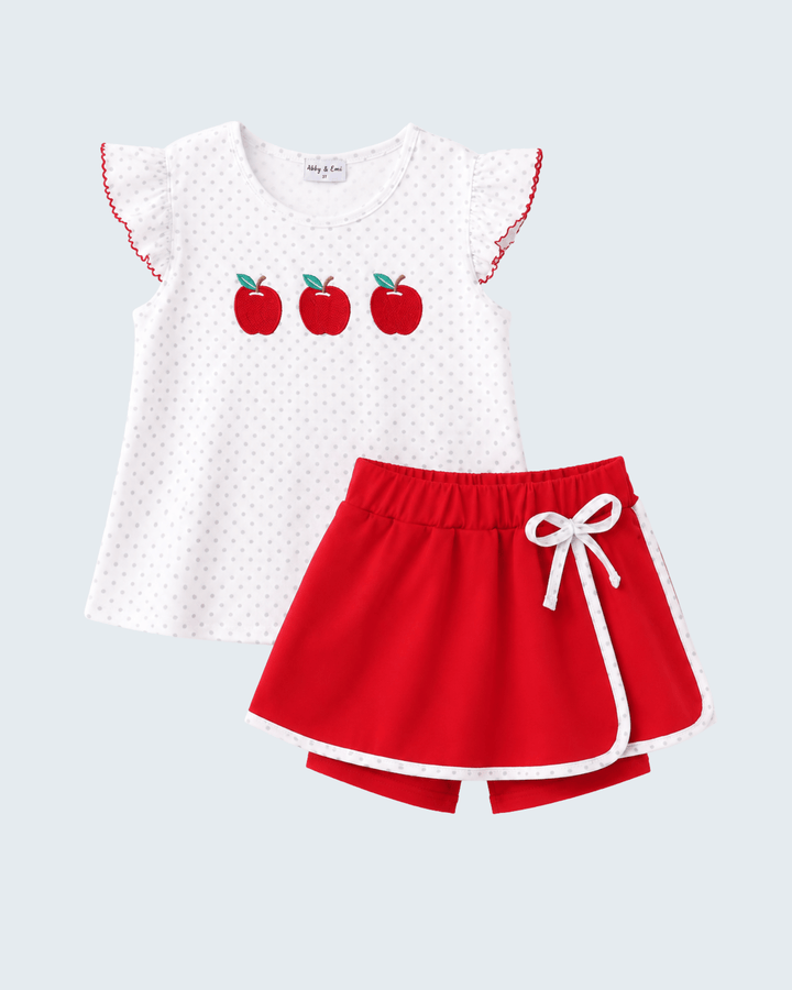 Red Apple Embroidered Skorts Set on light grey background