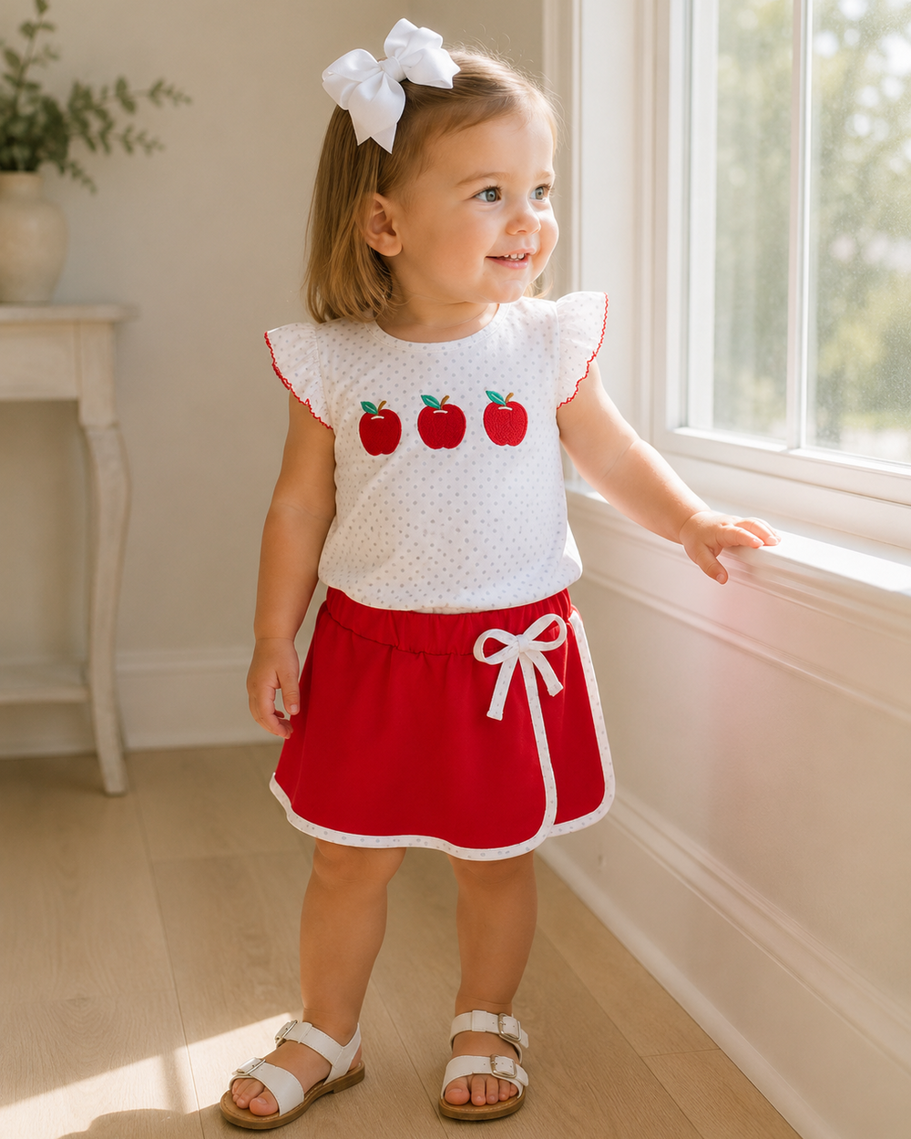 Toddler is looking out the window