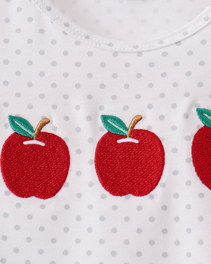 White polka dot shirt with red embroidered apples