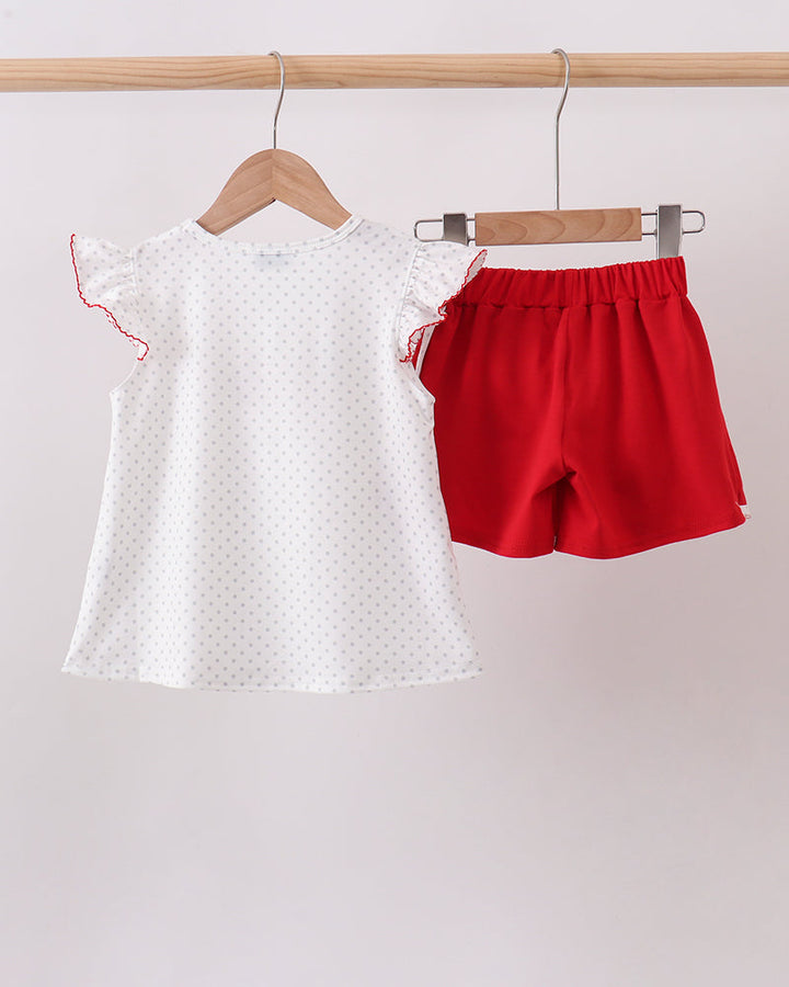 Red Apple Embroidered Skorts Set on wooden hanger