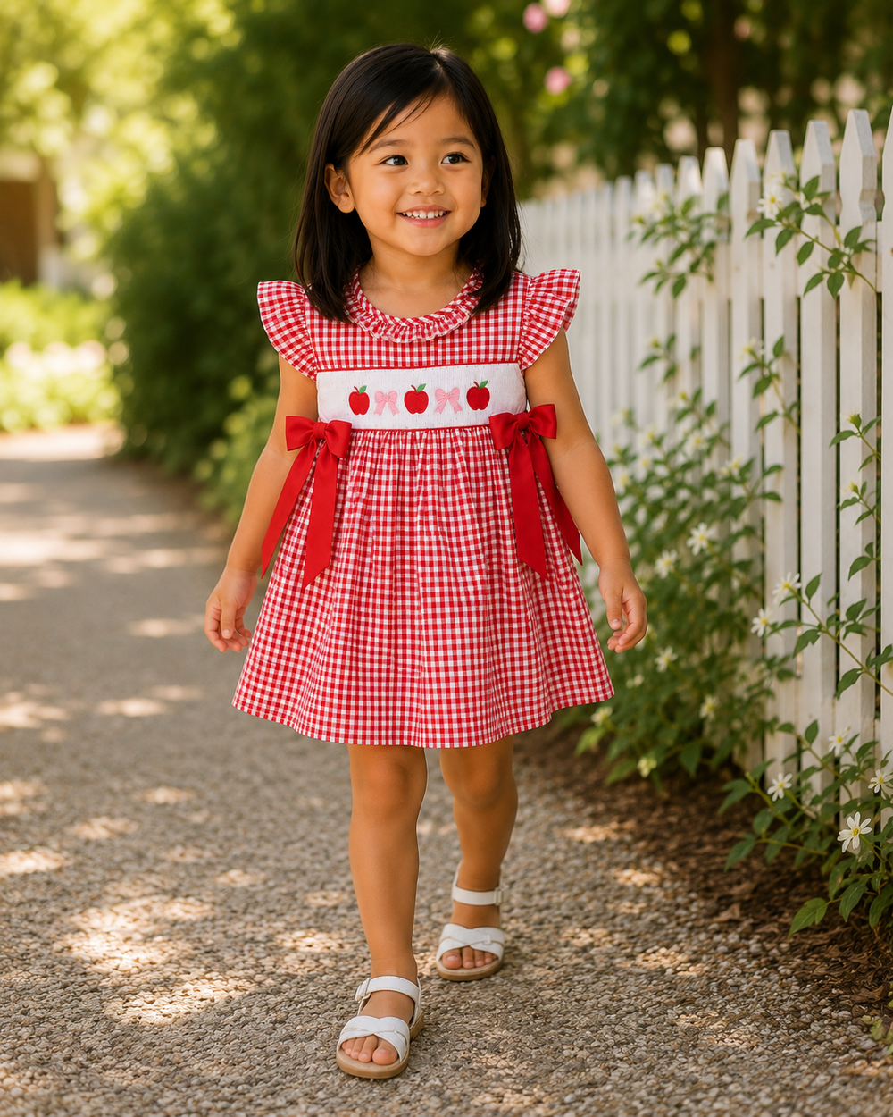 Young girl in a red and white checkered dress with apple details standing on a gravel path.