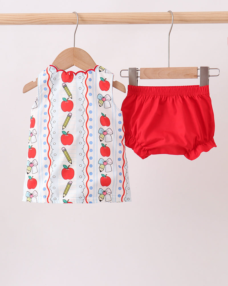 Toddler apple and pencil printed top with red bloomer shorts set, hanging front view