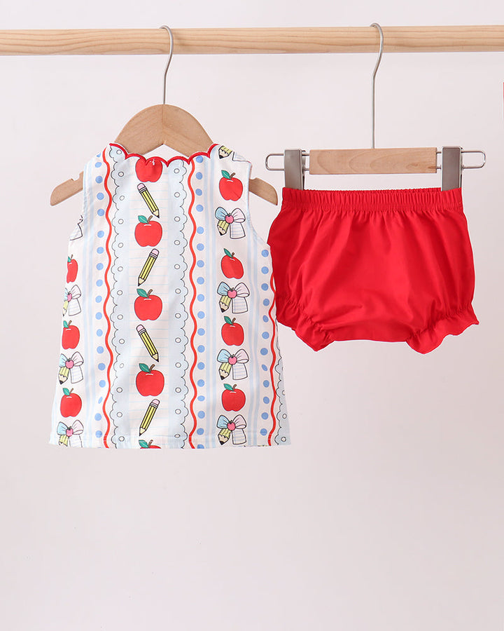 Toddler apple and pencil printed top with red bloomer shorts set, hanging front view