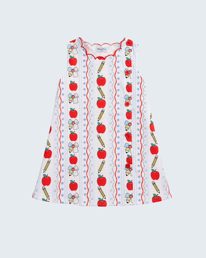 Sleeveless white dress with red apple and pencil stripe print