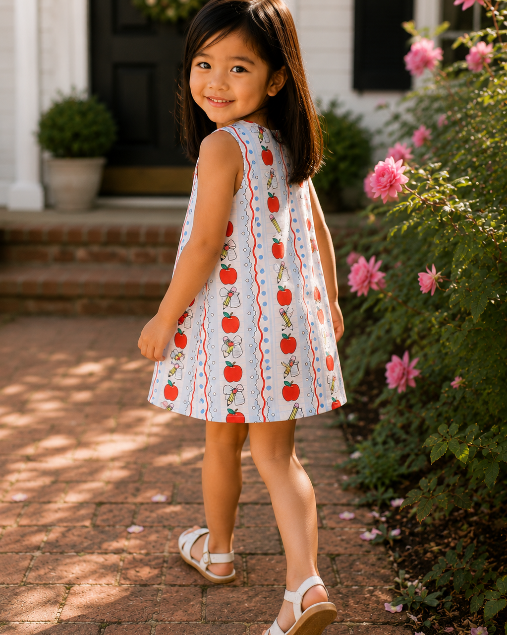 Sleeveless white apple-and-pencil stripe dress, A-line flared skirt