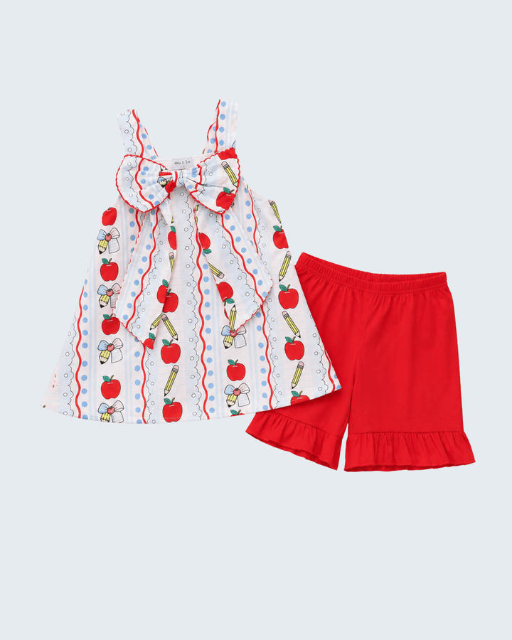 Sleeveless apple print ruffle dress and red ruffle shorts set