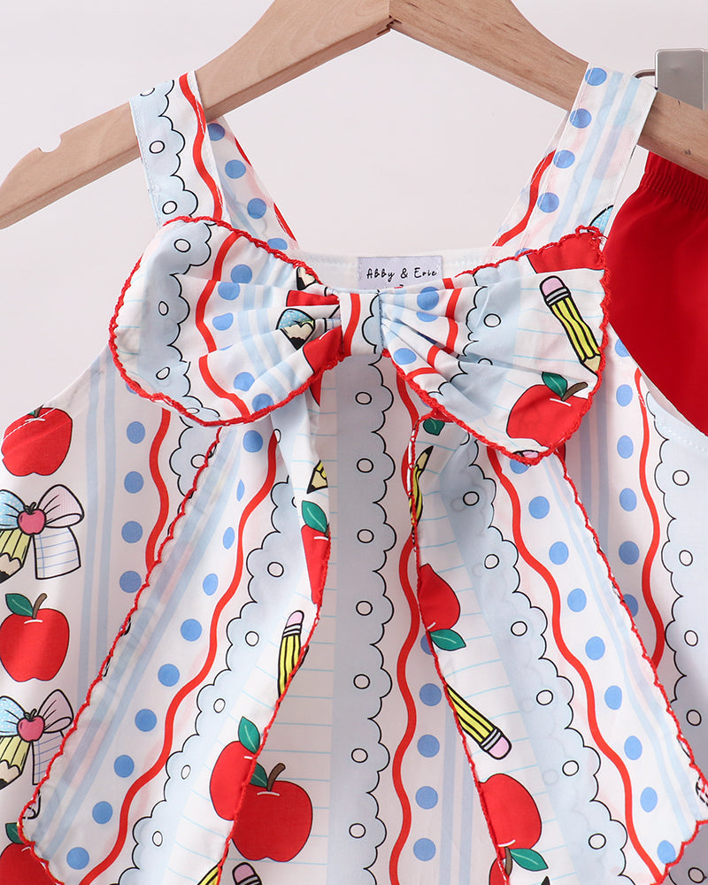 Apple and pencil print ruffle neckline top with scalloped trim