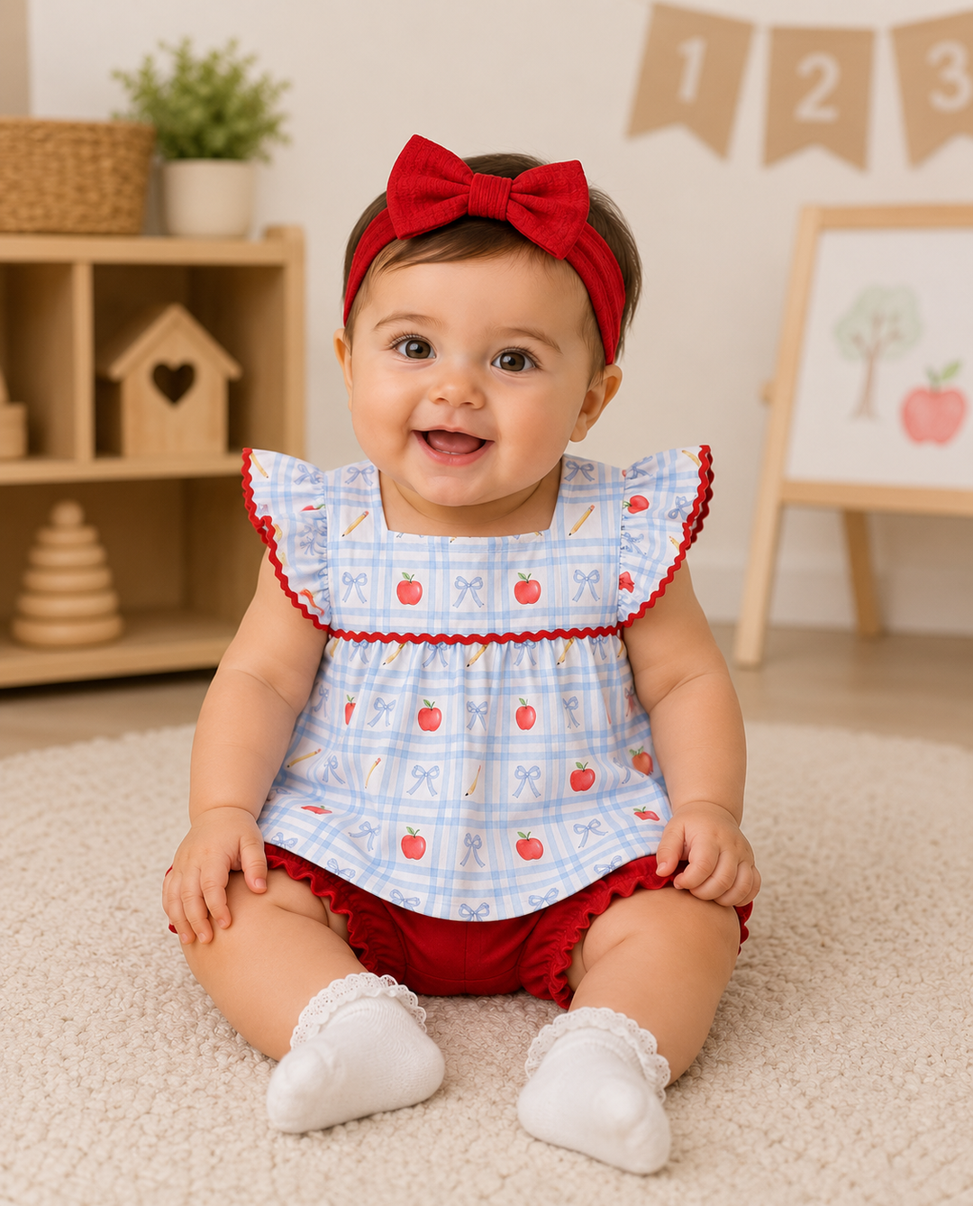A baby girl sitting on a cream carpet in a nursery, wearing a light blue and white gingham top with red apple and bow patterns, red ruffle trim, a matching red bow headband, red bloomers, and white lace socks.