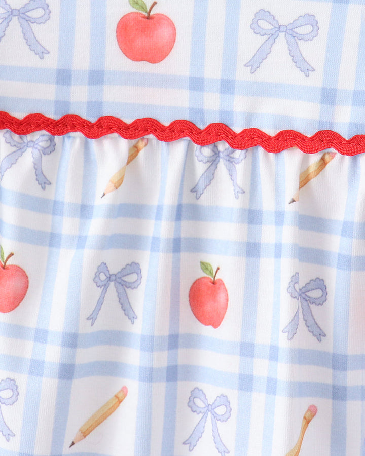Blue gingham fabric with apple, bow and popsicle prints, scalloped ruffle trim